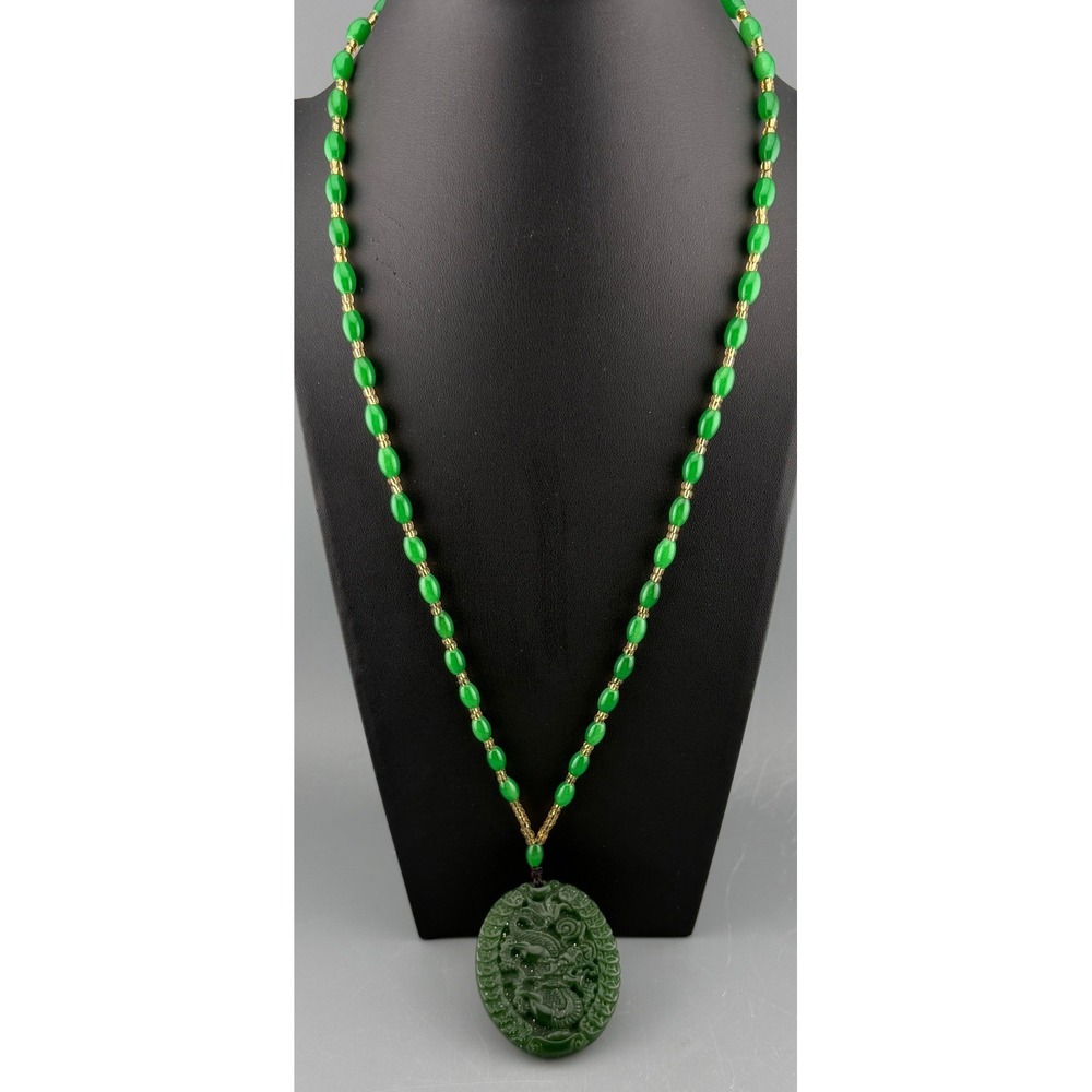 Vintage Dragon Pendant Carved Nephrite Jade Necklace Green Beaded 24" 54.7g